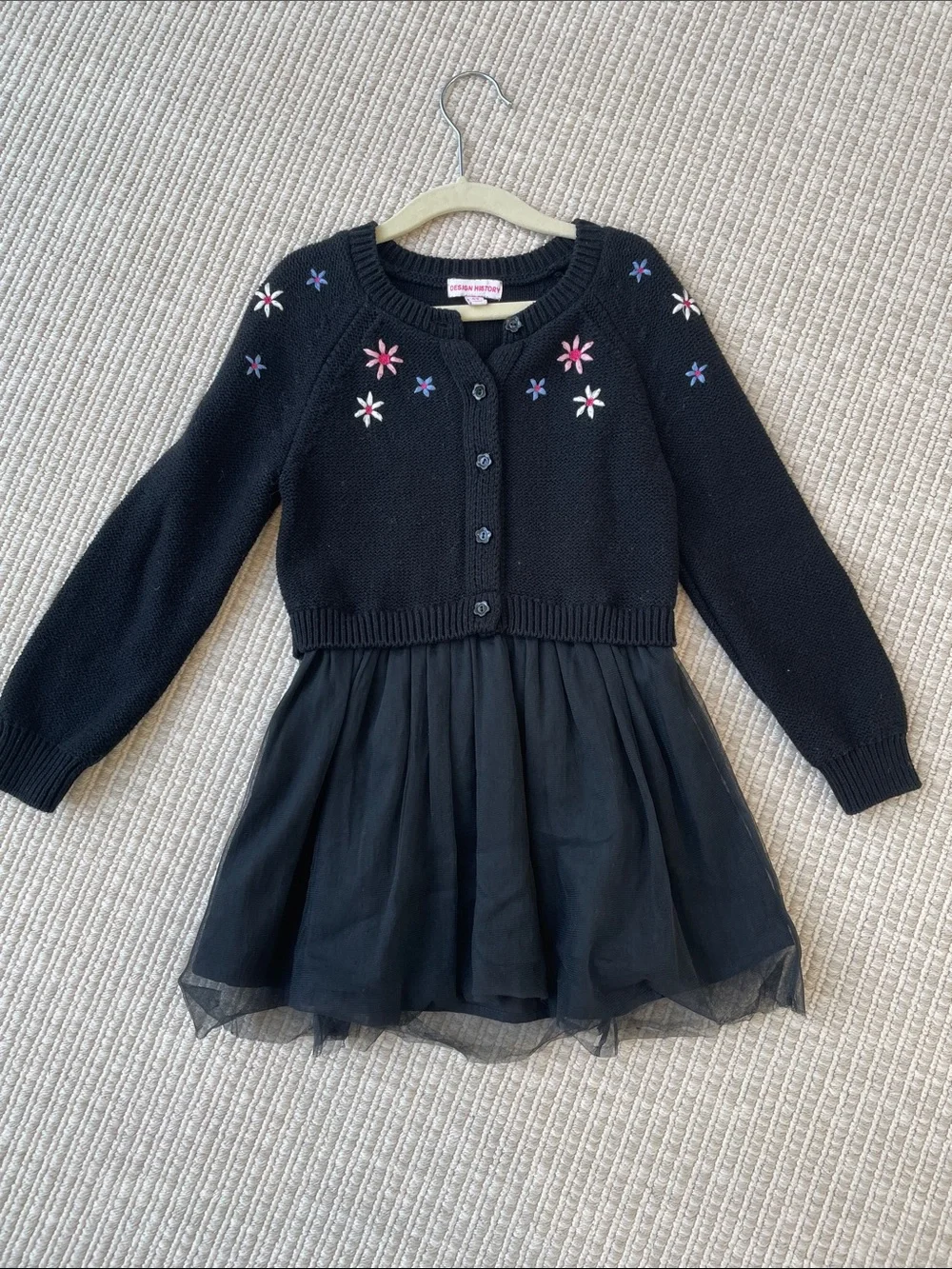 Design History Black Knit & Tulle Dress with Pink and Purple Floral Embroidery